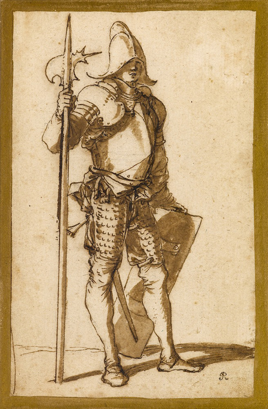 Salvator Rosa (1615-1673), 'A Standing Halberdier,' pen and brown ink and brown wash, over a black chalk underdrawing, laid down on an 18th century (Richardson) mount. On show during Master Drawings London at the St. James gallery of Stephen Onpin. Image courtesy Stephen Ongpin. 